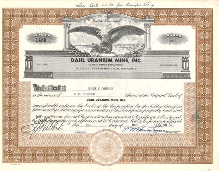 Dahl Uranium Mine, Inc. - Stock Certificate